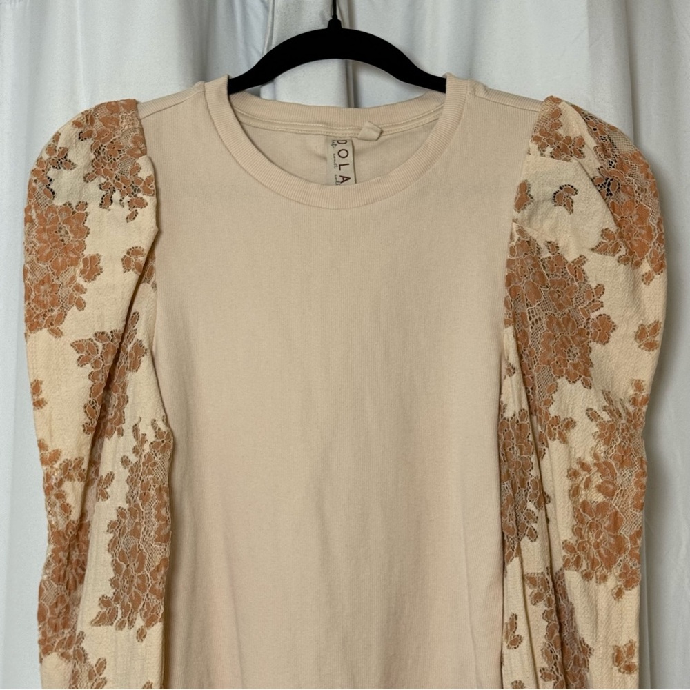 Dolan Left Coast Lace Puff Sleeve Ribbed Knit Top Women’s Small Cream Tan - Picture 5 of 12